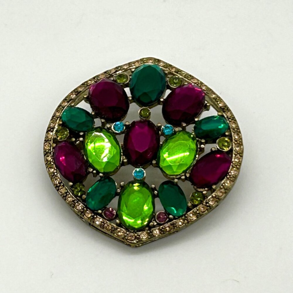Vintage Monet Brooch Pin Multi-Colored Acrylic Stones Gold Tone Signed Round